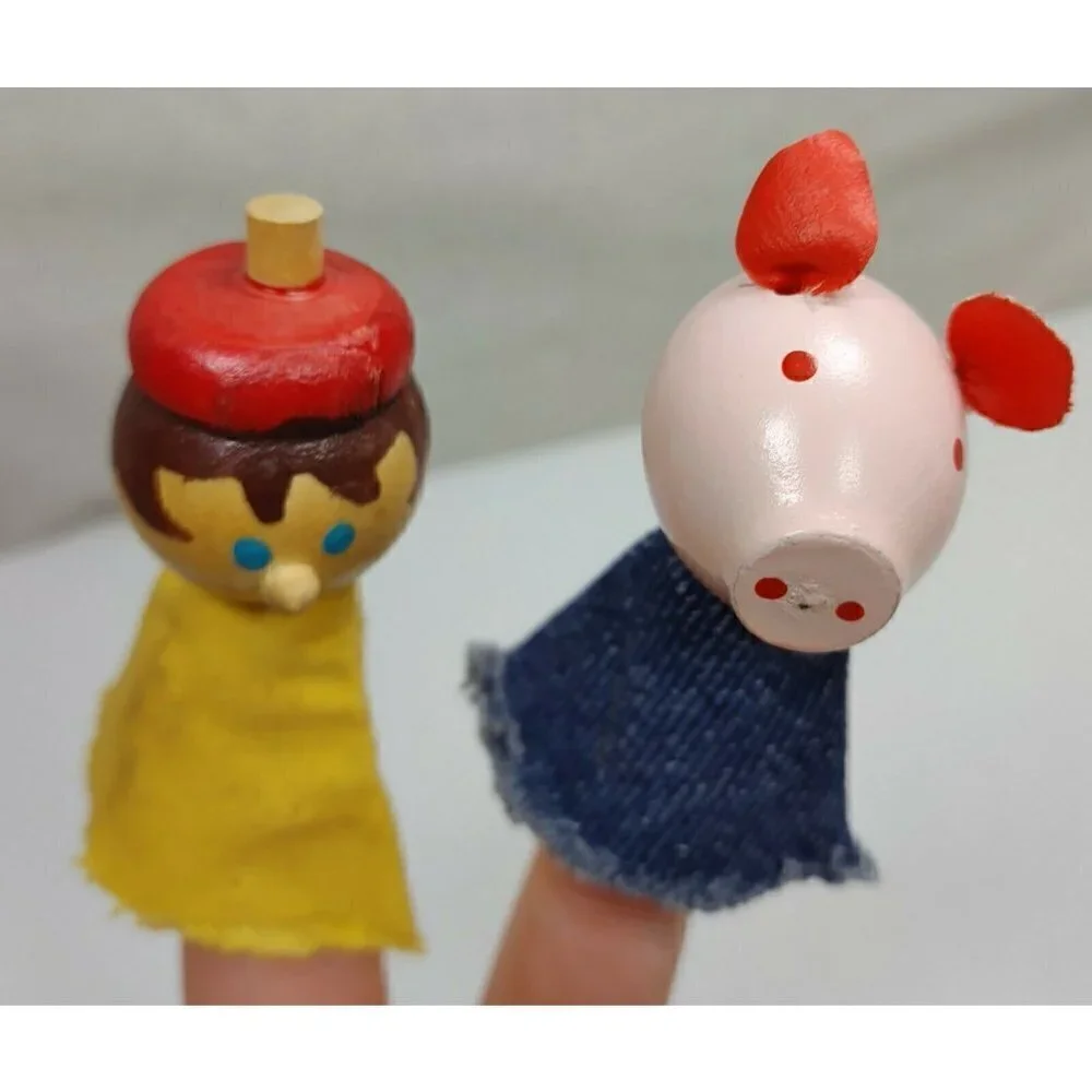 Vintage Wood And Cloth Set Boy With Hat Pig Hand Painted Finger Puppets